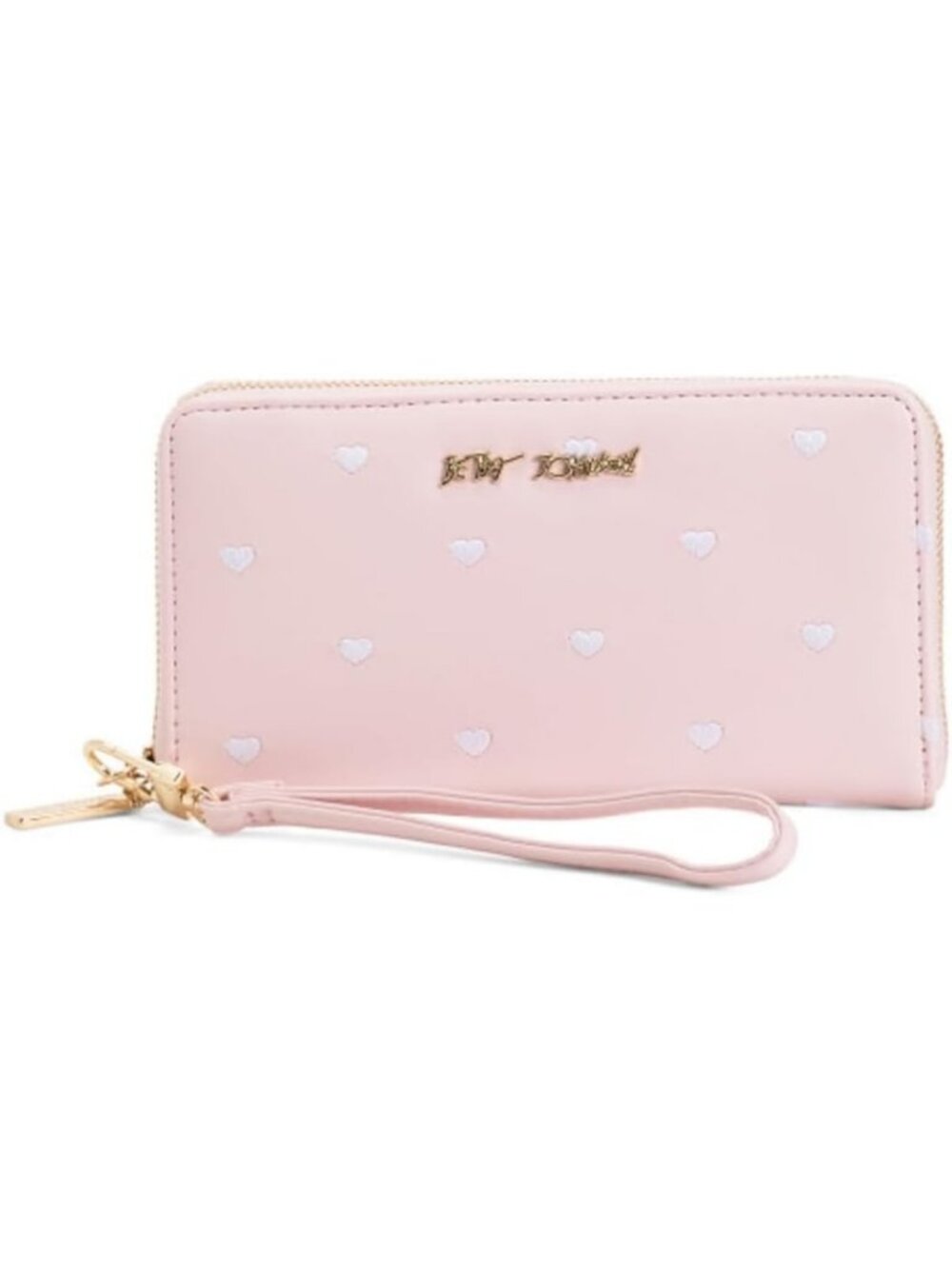 Chic Pink Zip Around Wallet with Wristlet Strap, Embroidered Hearts & Gold